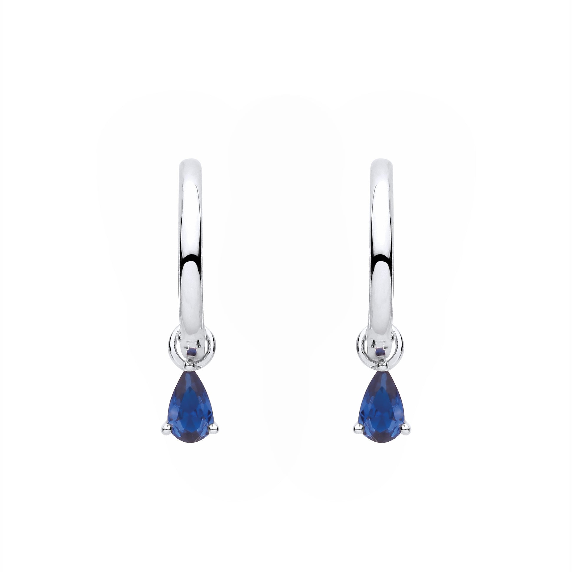 Silver  Blue Pear CZ Dangling Raindrop Huggie Hoop Drop Earrings - EAG1372