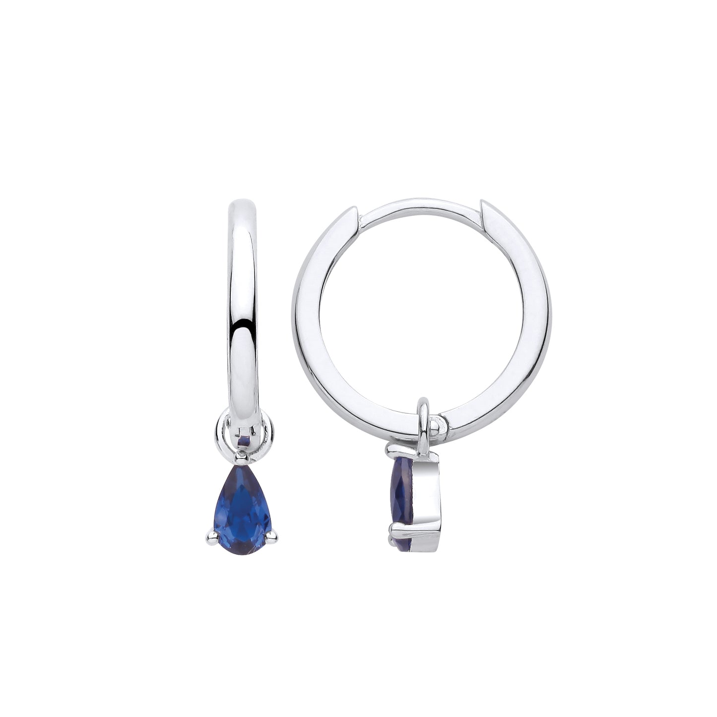 Silver  Blue Pear CZ Dangling Raindrop Huggie Hoop Drop Earrings - EAG1372