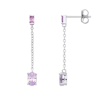Sterling Silver CZ Amethyst & Light Red Chain Drop Earrings - EAG1373