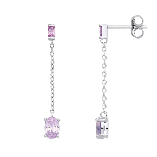 Silver  Lilac Oval CZ Purple Rain Chain Drop Drop Earrings - EAG1373