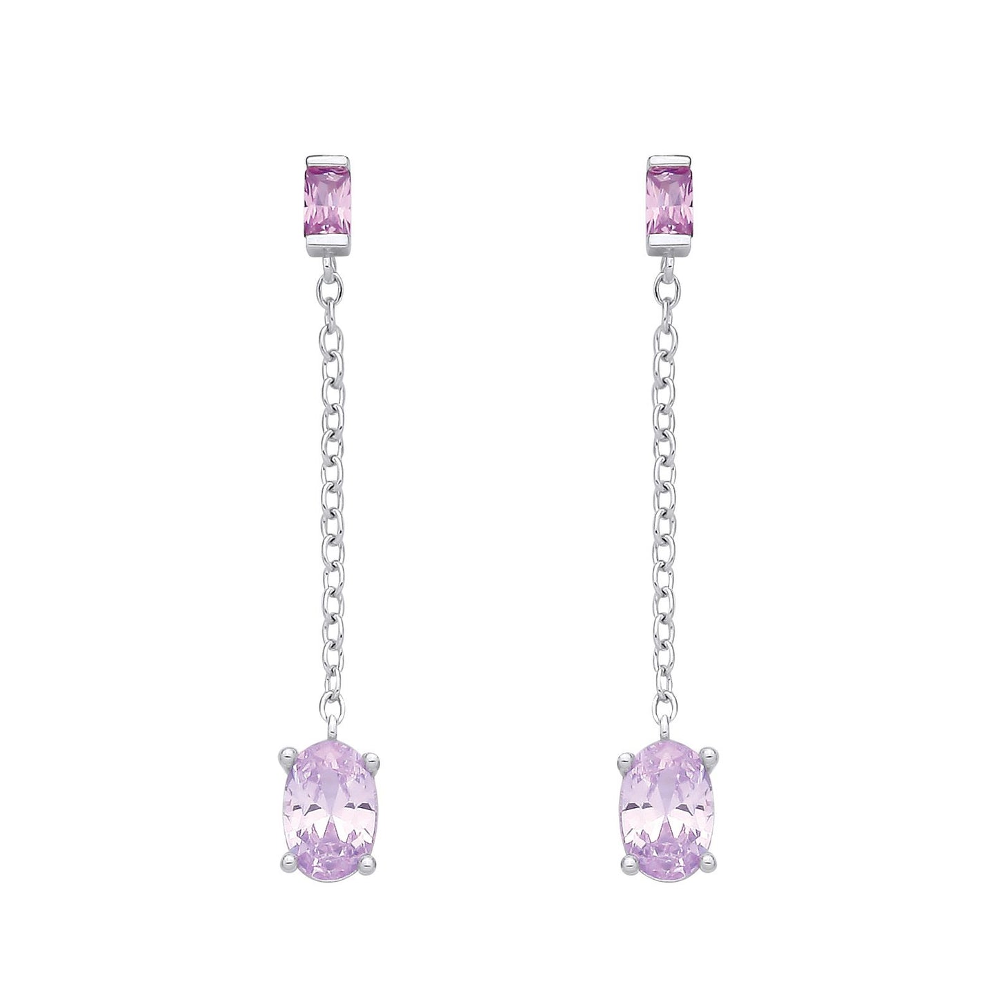 Sterling Silver CZ Amethyst & Light Red Chain Drop Earrings - EAG1373
