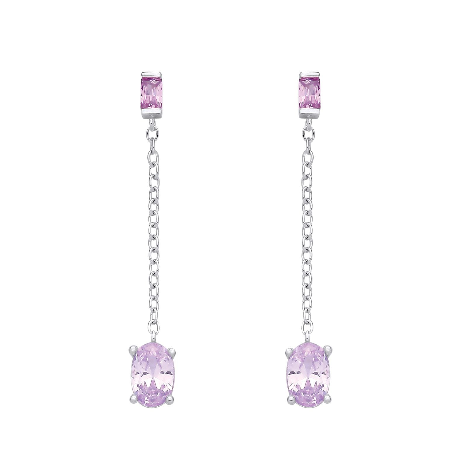Sterling Silver CZ Amethyst & Light Red Chain Drop Earrings - EAG1373