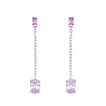 Sterling Silver CZ Amethyst & Light Red Chain Drop Earrings - EAG1373