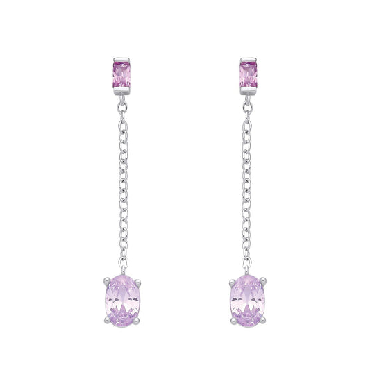 Sterling Silver CZ Amethyst & Light Red Chain Drop Earrings - EAG1373