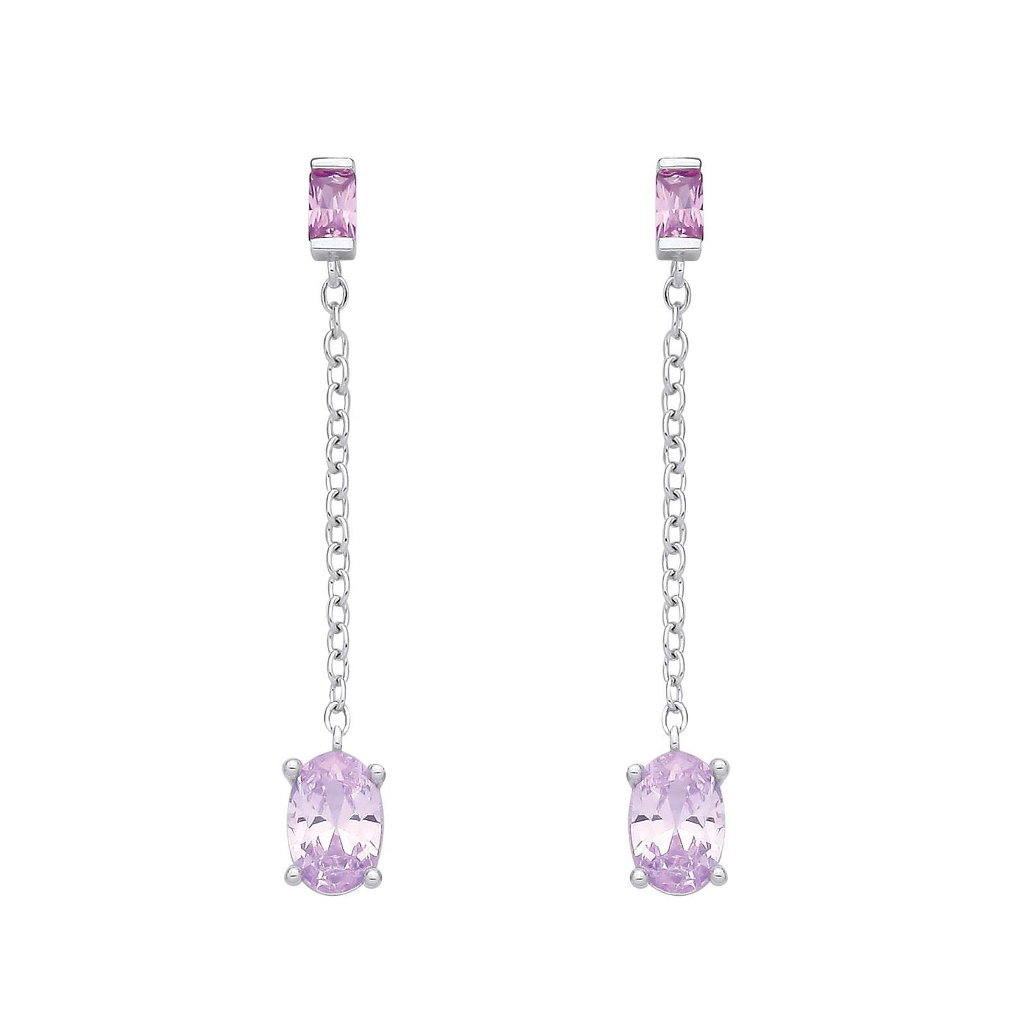 Silver  Lilac Oval CZ Purple Rain Chain Drop Drop Earrings - EAG1373