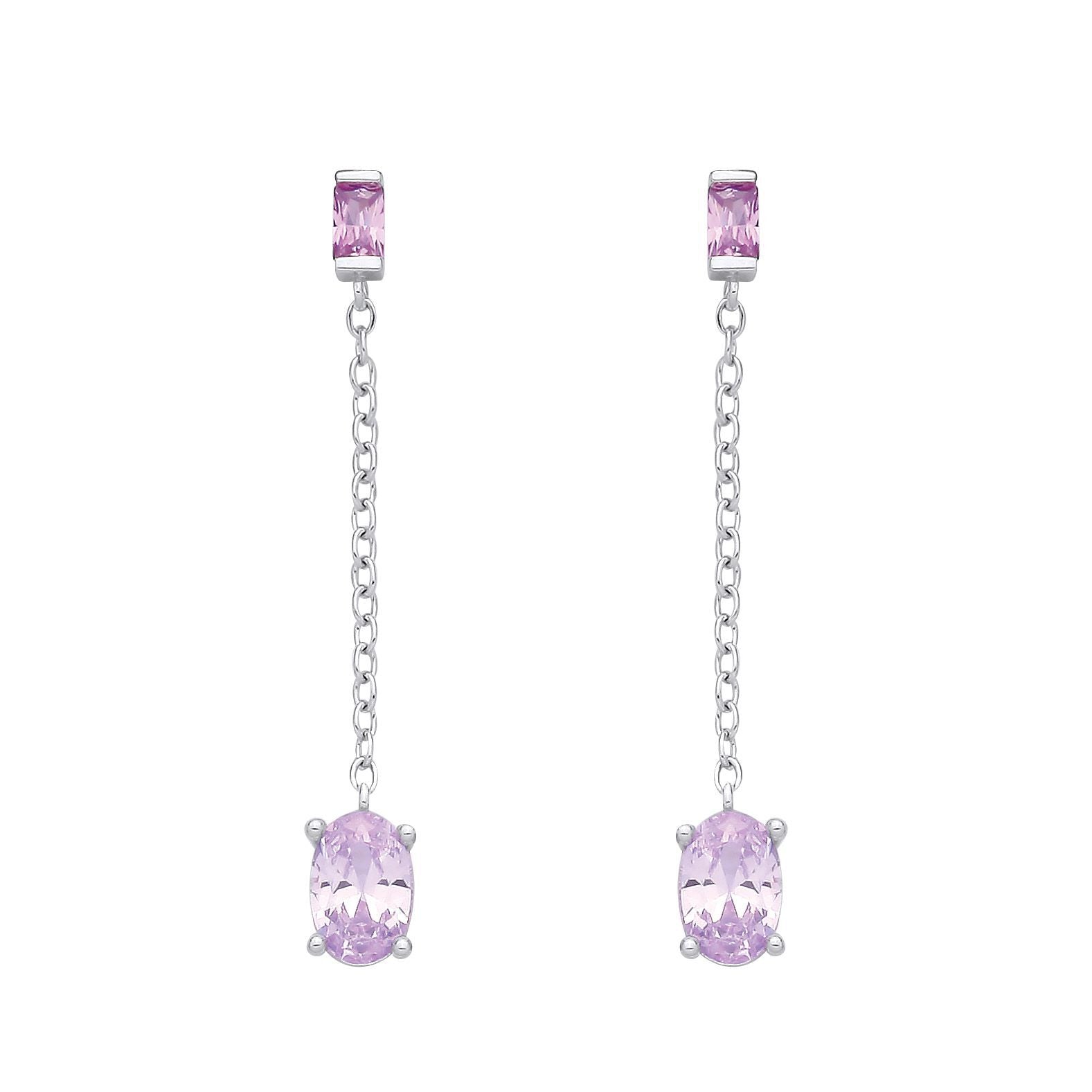 Silver  Lilac Oval CZ Purple Rain Chain Drop Drop Earrings - EAG1373