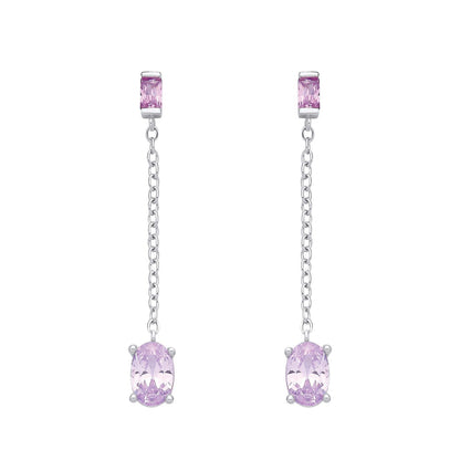 Silver  Lilac Oval CZ Purple Rain Chain Drop Drop Earrings - EAG1373