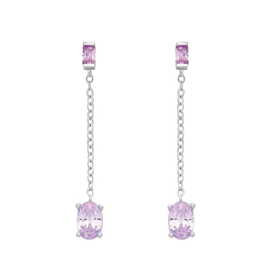 Silver  Lilac Oval CZ Purple Rain Chain Drop Drop Earrings - EAG1373