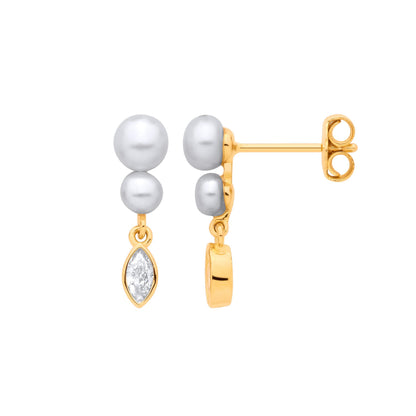 18K Gold Plated Sterling Silver CZ & Fresh Water Pearl 3.5-4mm Drop Earrings - EAG1374