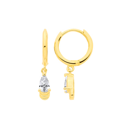 Gilded Silver  Pear CZ Raindrop Lantern Solitaire Drop Earrings - EAG1378