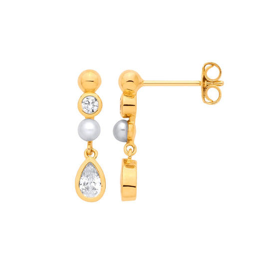 18K Gold Plated Silver CZ Fresh Water Pearl 3-3.5mm Drop Earrings - EAG1379