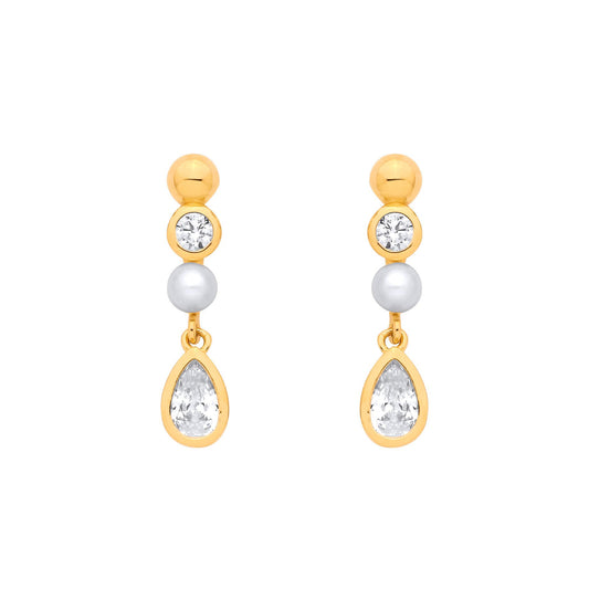 18K Gold Plated Sterling Silver CZ & Fresh Water Pearl 3-3.5mm Drop Earrings - EAG1379
