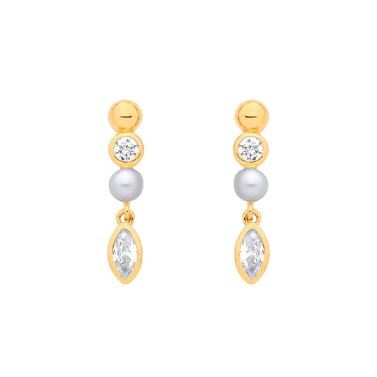 18K Gold Plated Sterling Silver CZ & Fresh Water Pearl 3-3.5mm Drop Earrings - EAG1380