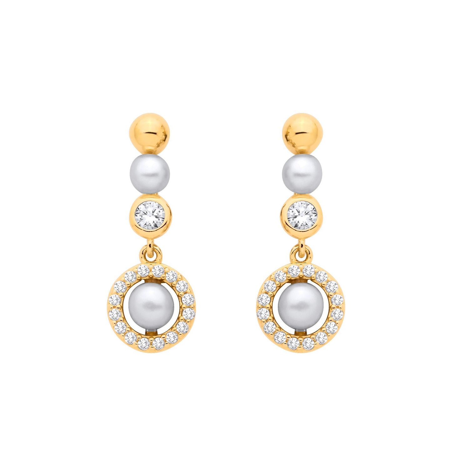 Gilded Silver  Button Pearl & CZ Saturn Halo Orbit Drop Earrings - EAG1381