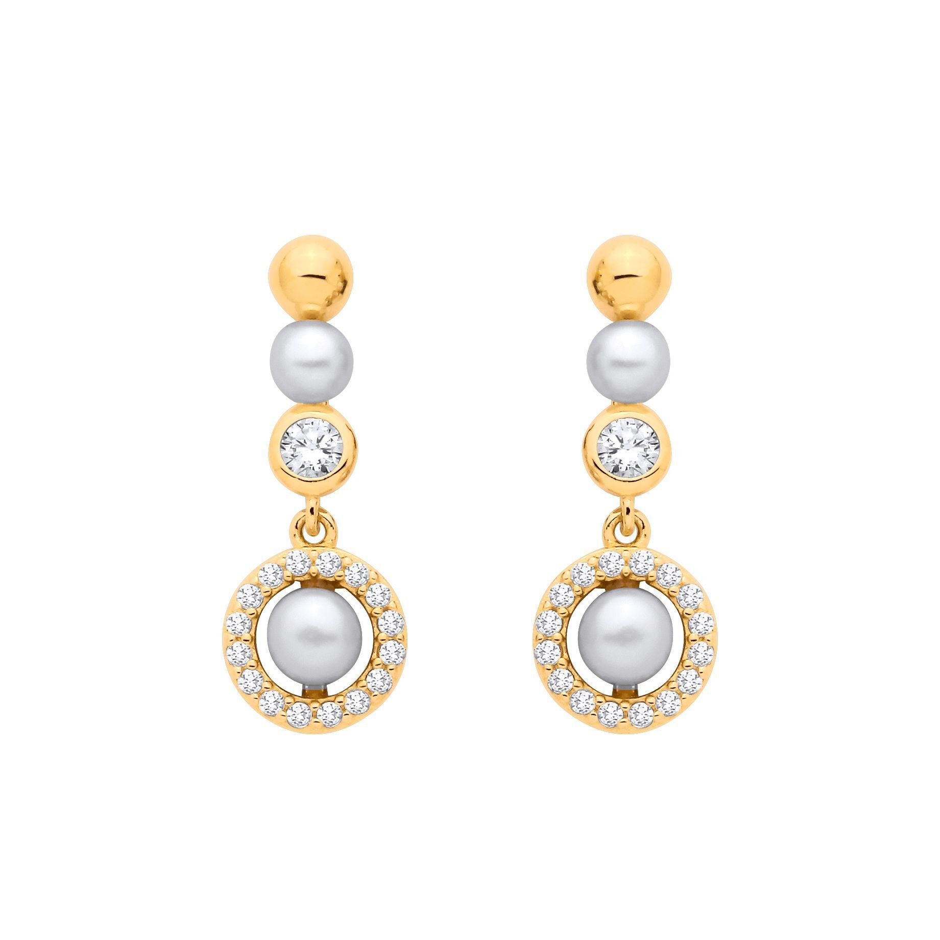 Gilded Silver  Button Pearl & CZ Saturn Halo Orbit Drop Earrings - EAG1381