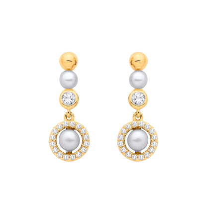Gilded Silver  Button Pearl & CZ Saturn Halo Orbit Drop Earrings - EAG1381