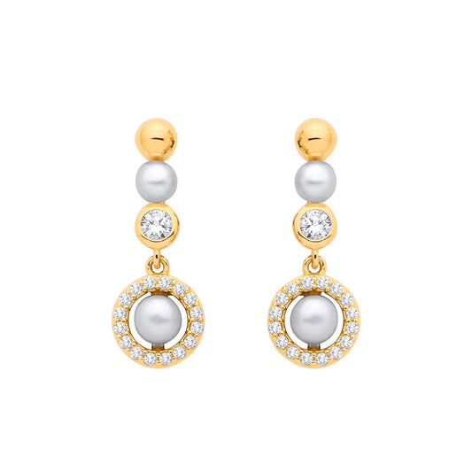 Gilded Silver  Button Pearl & CZ Saturn Halo Orbit Drop Earrings - EAG1381