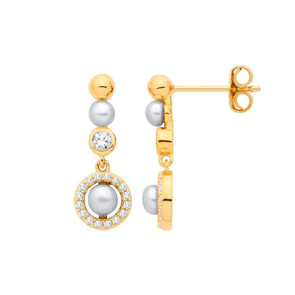 Gilded Silver  Button Pearl & CZ Saturn Halo Orbit Drop Earrings - EAG1381