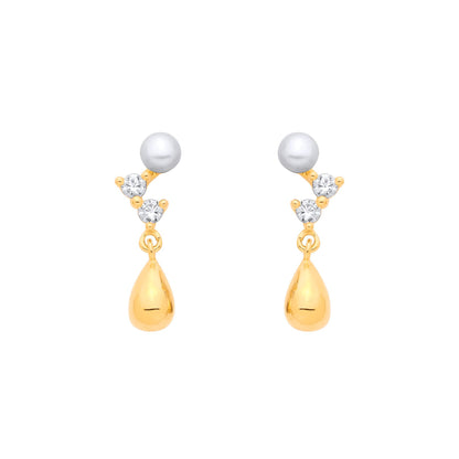 18K Gold Plated Sterling Silver CZ & Fresh Water Pearl 3-3.5mm Drop Earrings - EAG1382