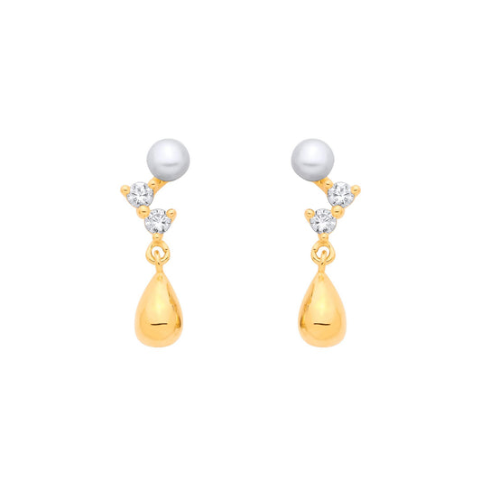18K Gold Plated Sterling Silver CZ & Fresh Water Pearl 3-3.5mm Drop Earrings - EAG1382