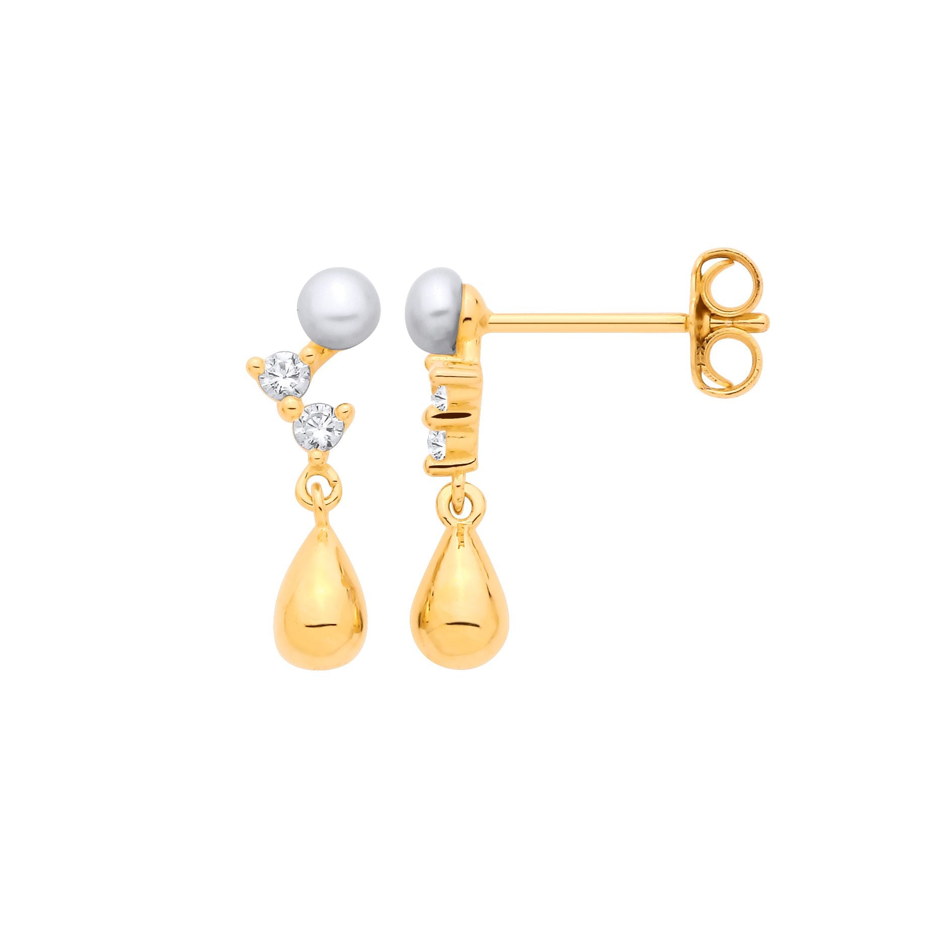 18K Gold Plated Silver CZ Fresh Water Pearl 3-3.5mm Drop Earrings - EAG1382