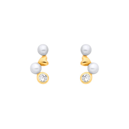 Gold-plated Silver  Pearl CZ Zig Zag Heart Full Moon Drop Earrings - EAG1383