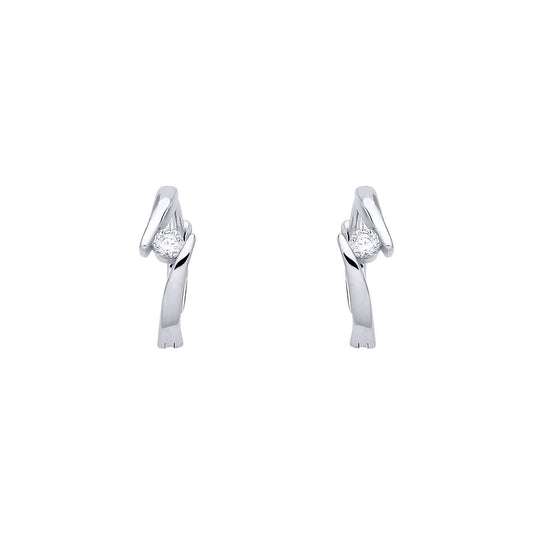 Silver  CZ Crossover Bypass Solitaire Huggie Hoop Earrings - EAG1388
