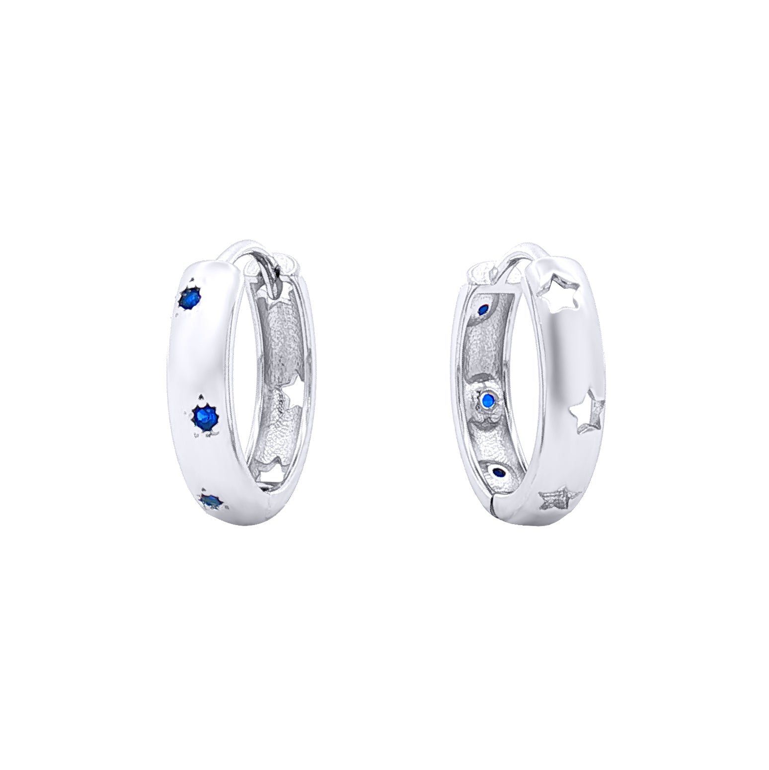 Sterling Silver Black CZ & Cutout Star Huggie Hoop Earrings - EAG1395