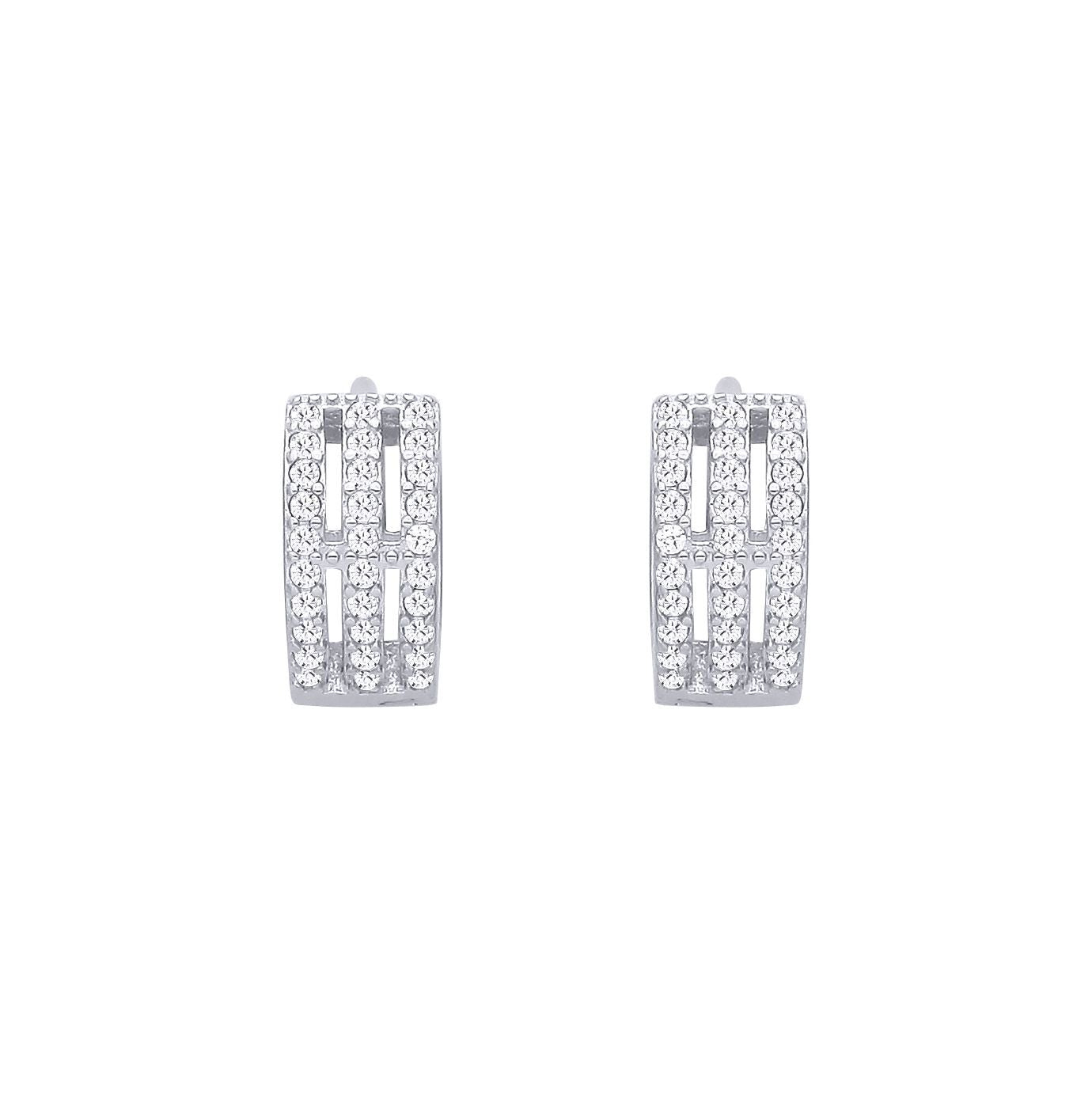 Silver  CZ Triple Row Pave Eternity Huggie Hoop Earrings - EAG1398