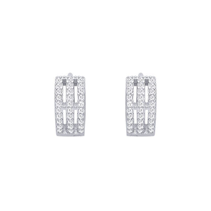 Silver  CZ Triple Row Pave Eternity Huggie Hoop Earrings - EAG1398