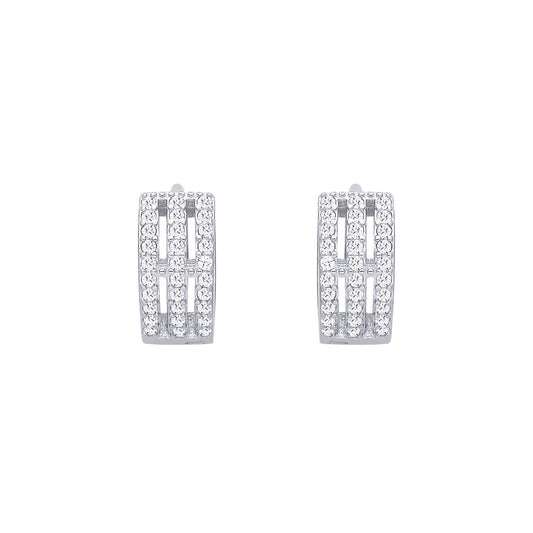 Silver  CZ Triple Row Pave Eternity Huggie Hoop Earrings - EAG1398