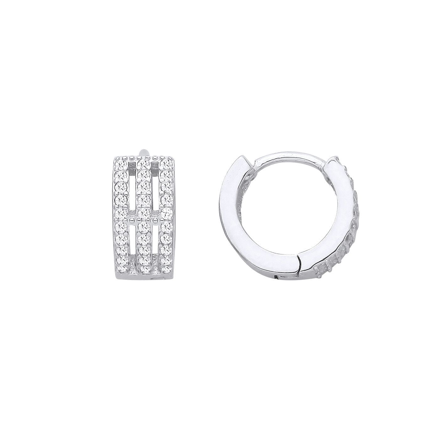 Silver  CZ Triple Row Pave Eternity Huggie Hoop Earrings - EAG1398