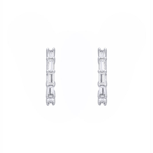Silver  Baguette CZ 5-Stone Fan Eternity Huggie Hoop Earrings - EAG1401