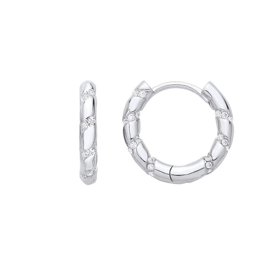 Silver  CZ Twist Spiral Eternity Huggie Hoop Earrings - EAG1402