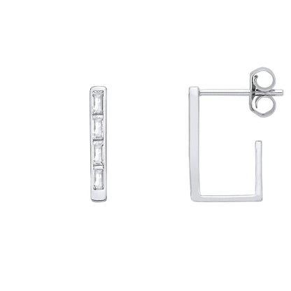 Silver  Baguette CZ Ice Block Rectangular J-Hoop Drop Earrings - EAG1403