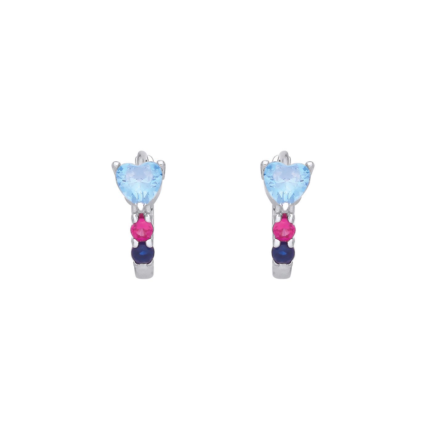 Silver  Light Blue & Red Heart CZ Heart Wand Huggie Hoop Earrings - EAG1407