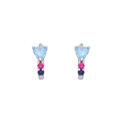 Silver  Light Blue & Red Heart CZ Heart Wand Huggie Hoop Earrings - EAG1407