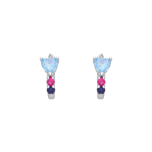 Silver  Light Blue & Red Heart CZ Heart Wand Huggie Hoop Earrings - EAG1407
