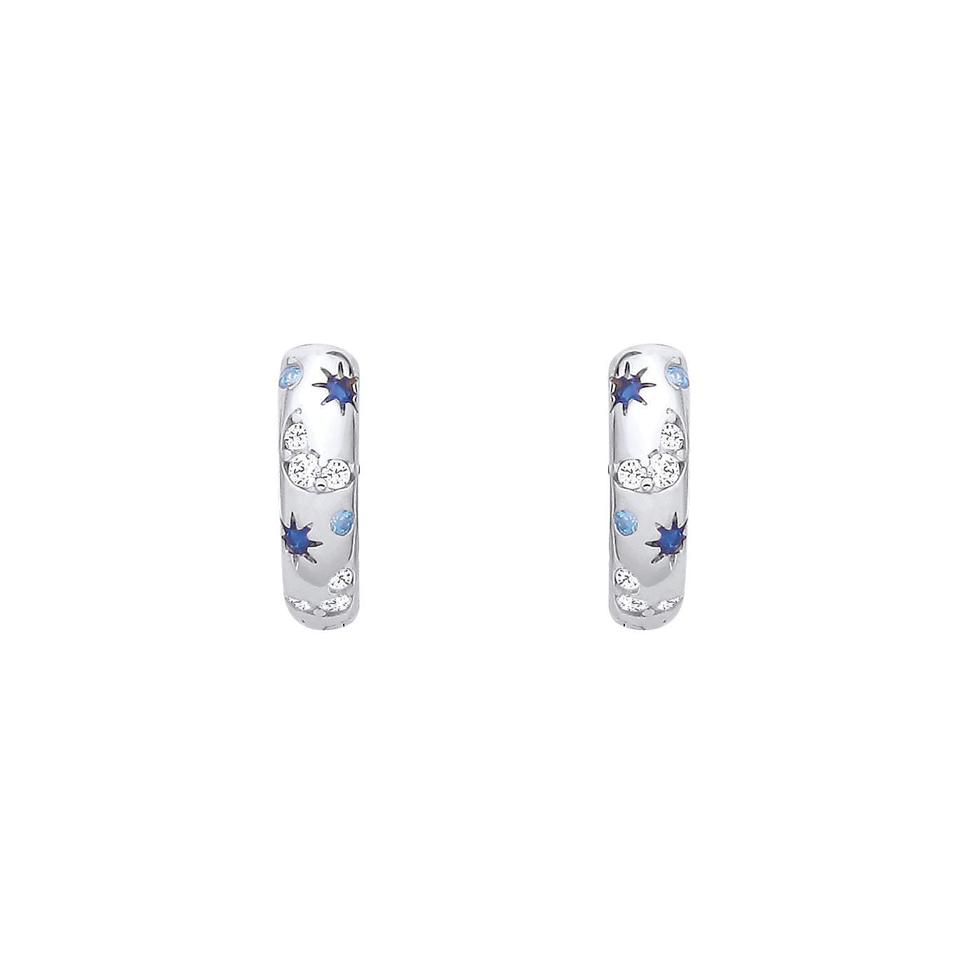 Silver  Blue CZ Moon Starry Skies Huggie Hoop Earrings - EAG1408