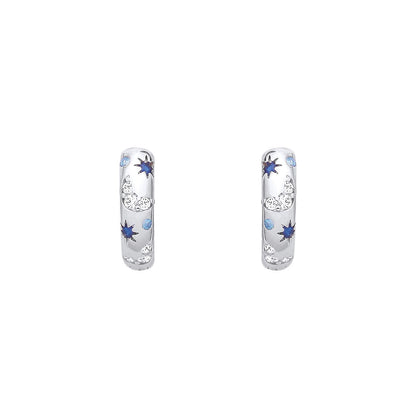 Silver  Blue CZ Moon Starry Skies Huggie Hoop Earrings - EAG1408