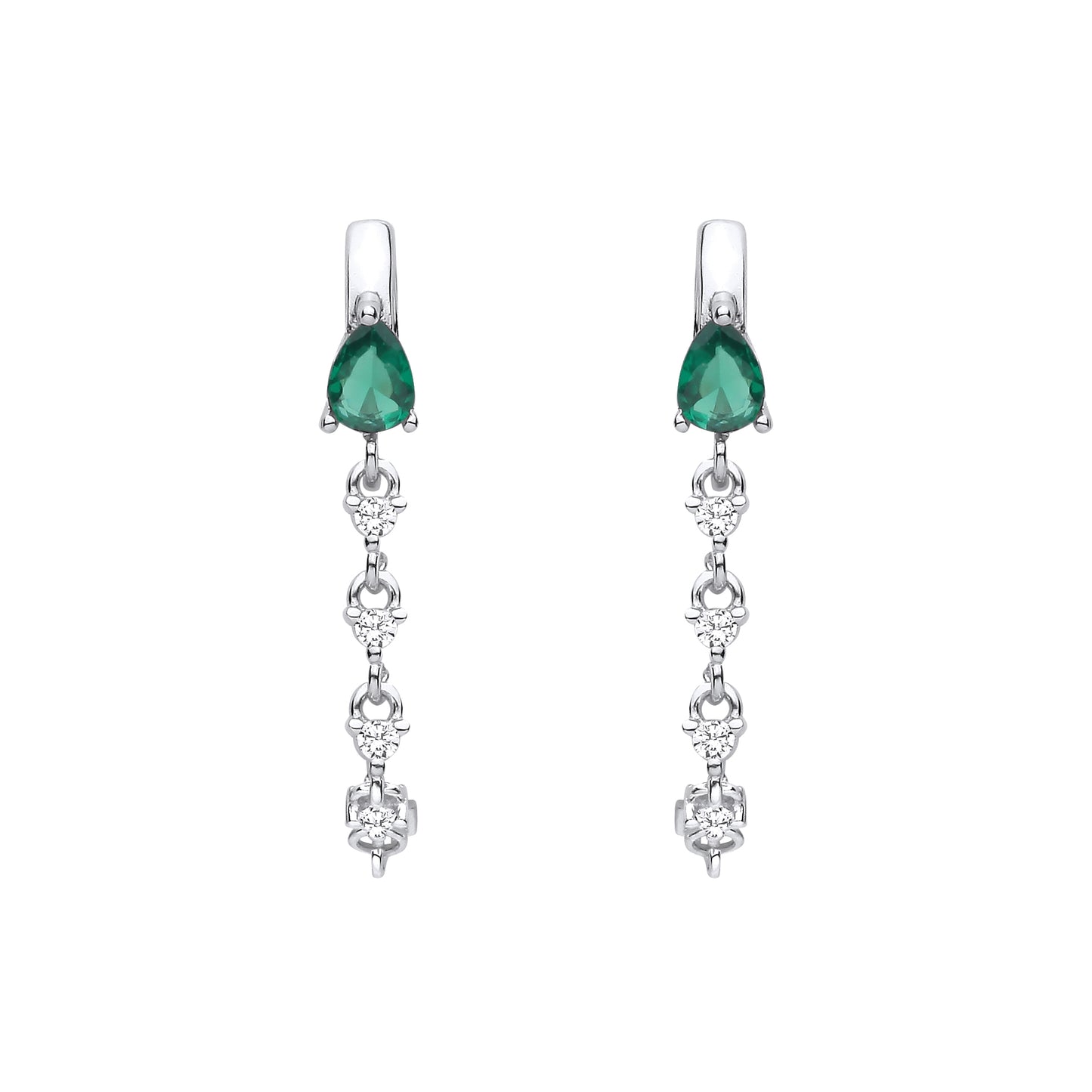 Silver  Green Pear CZ Huggie Hoop Chain Link Drop Earrings - EAG1409