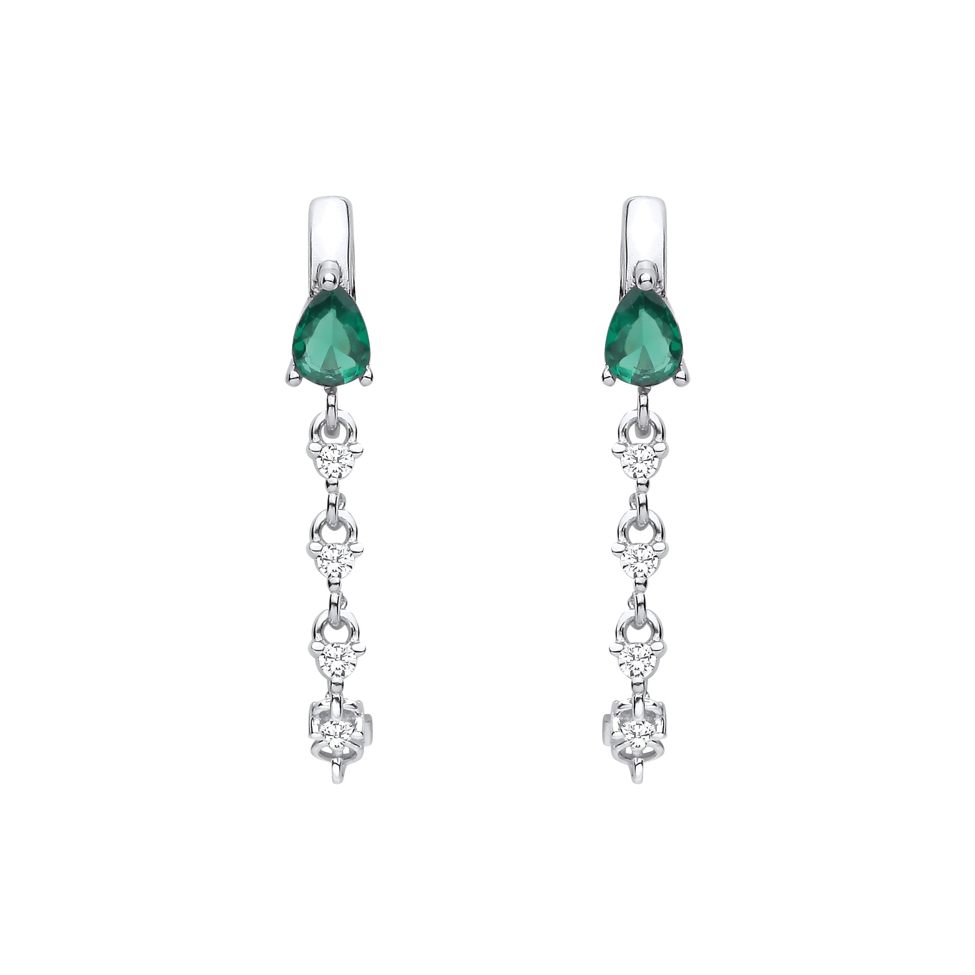 Silver  Green Pear CZ Huggie Hoop Chain Link Drop Earrings - EAG1409