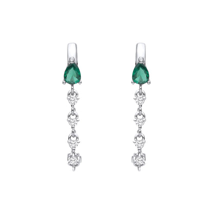 Silver  Green Pear CZ Huggie Hoop Chain Link Drop Earrings - EAG1409