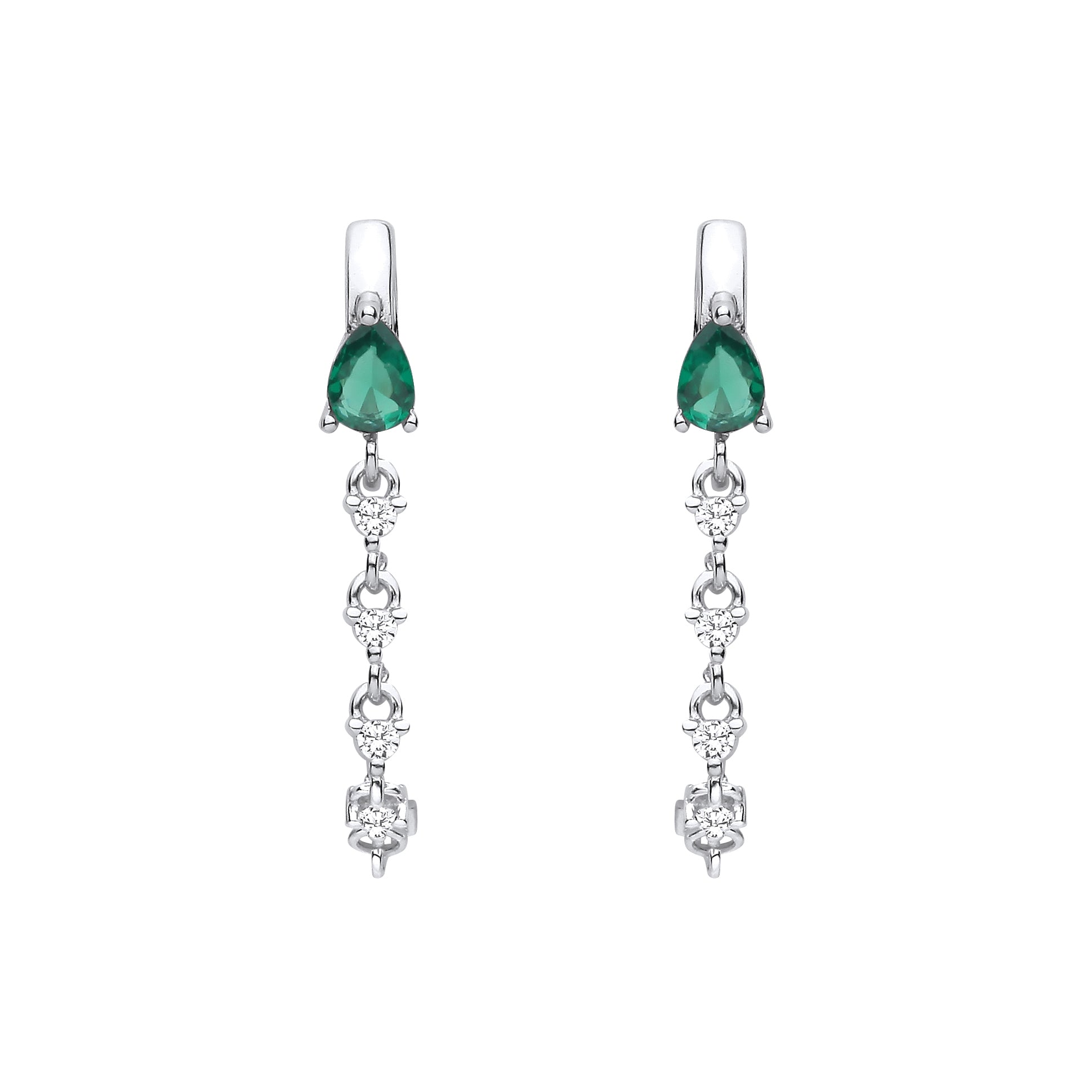 Silver  Green Pear CZ Tennis Raindrop Huggie Hoop Drop Earrings - EAG1409