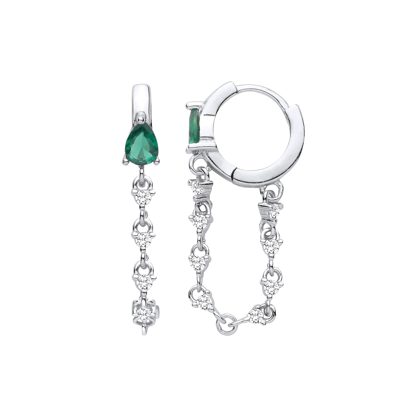 Silver  Green Pear CZ Huggie Hoop Chain Link Drop Earrings - EAG1409
