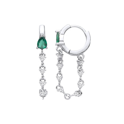 Silver  Green Pear CZ Huggie Hoop Chain Link Drop Earrings - EAG1409
