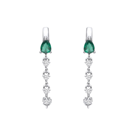 Silver  Green Pear CZ Huggie Hoop Chain Link Drop Earrings - EAG1409