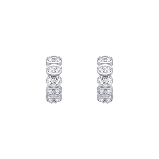 Silver CZ Scallop Oval Chamber Eternity Huggie Hoop Earrings - EAG1410