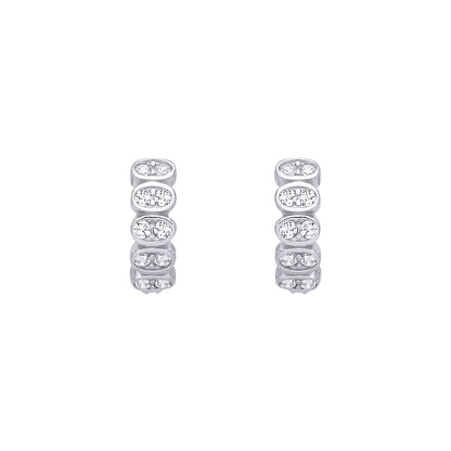 Silver  CZ Scallop Oval Chamber Eternity Huggie Hoop Earrings - EAG1410