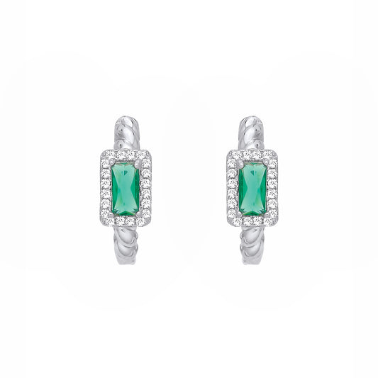 Sterling Silver CZ & Emerald Huggie Hoop Earrings - EAG1411